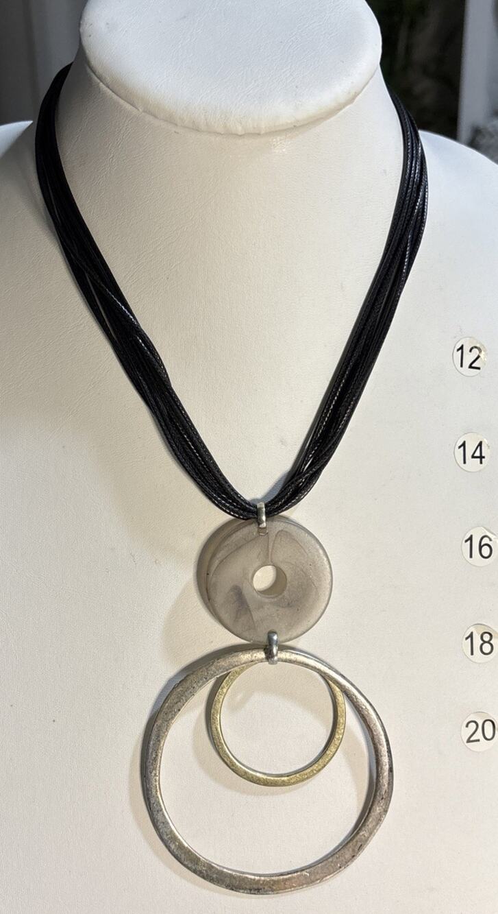 Mixed Metal Tone Circle Pendant Necklace Black Multi Strand Cord Statement